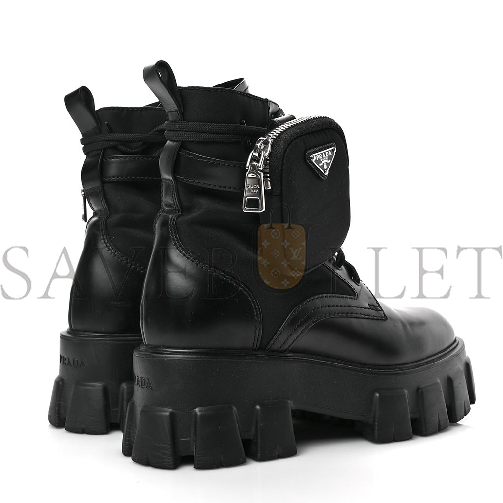 PRADA SPAZZOLATO ROIS RE-NYLON METAL TRIANGLE LOGO MONOLITH POUCH POCKET 55MM BOOTS 37 BLACK