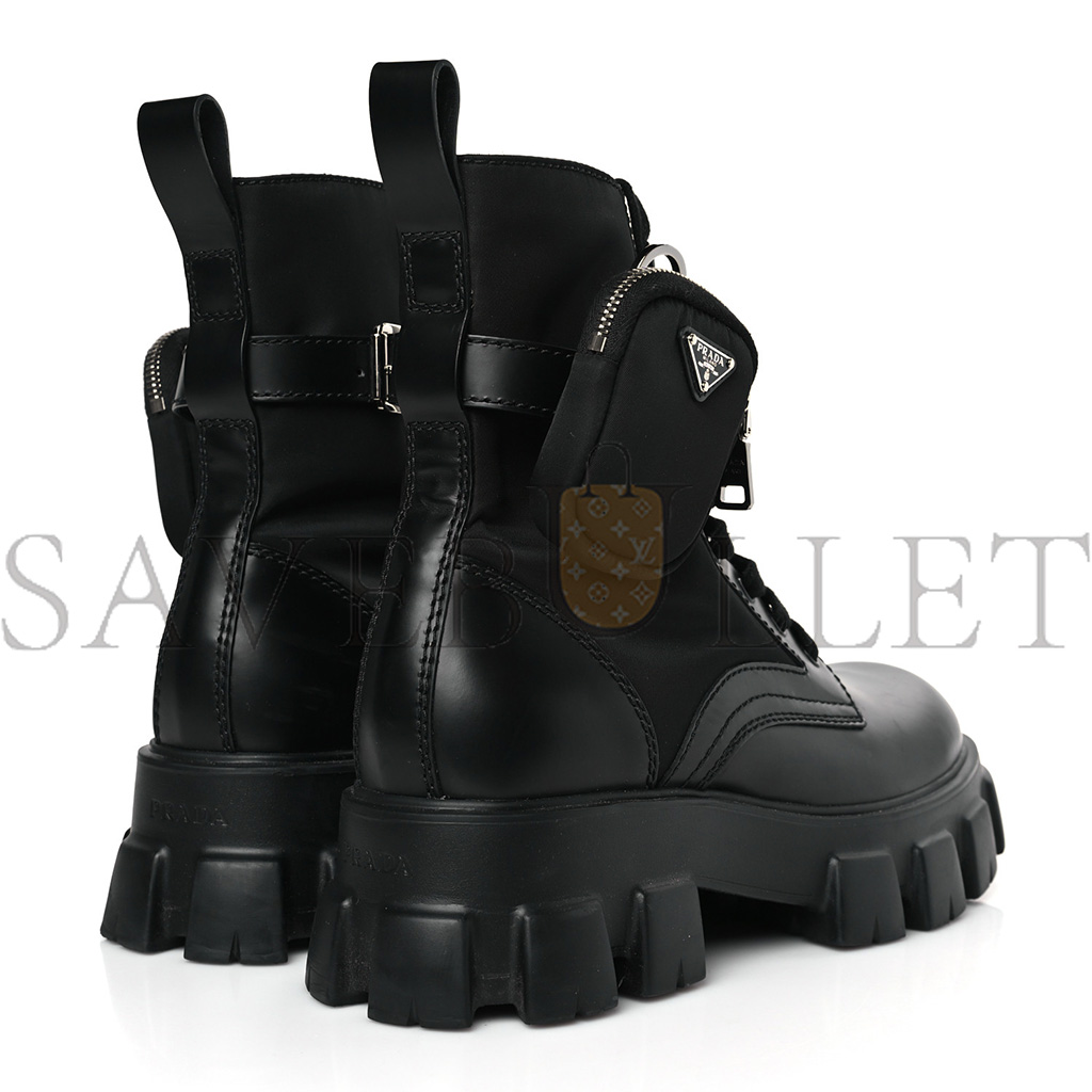 PRADA SPAZZOLATO ROIS RE-NYLON METAL TRIANGLE LOGO MENS MONOLITH POUCH POCKET 60MM COMBAT BOOTS 9.5 BLACK