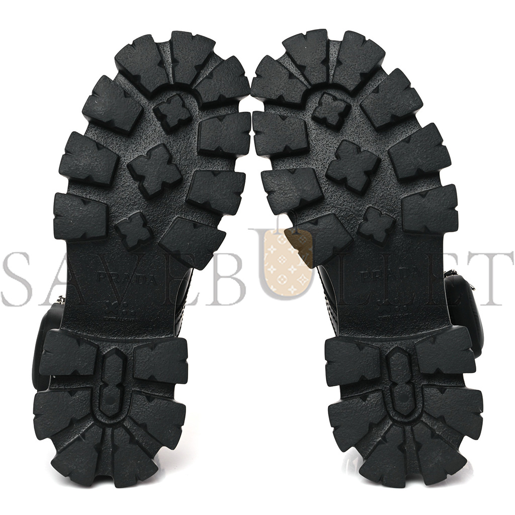 PRADA SPAZZOLATO ROIS RE-NYLON METAL TRIANGLE LOGO MENS MONOLITH POUCH POCKET 60MM COMBAT BOOTS 9.5 BLACK
