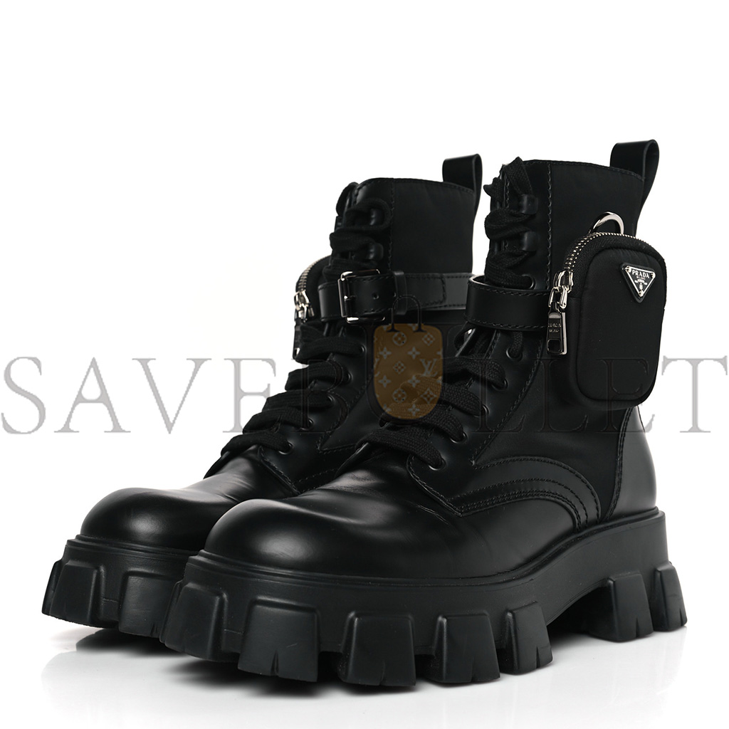 PRADA SPAZZOLATO ROIS RE-NYLON METAL TRIANGLE LOGO MENS MONOLITH POUCH POCKET 60MM COMBAT BOOTS 9.5 BLACK