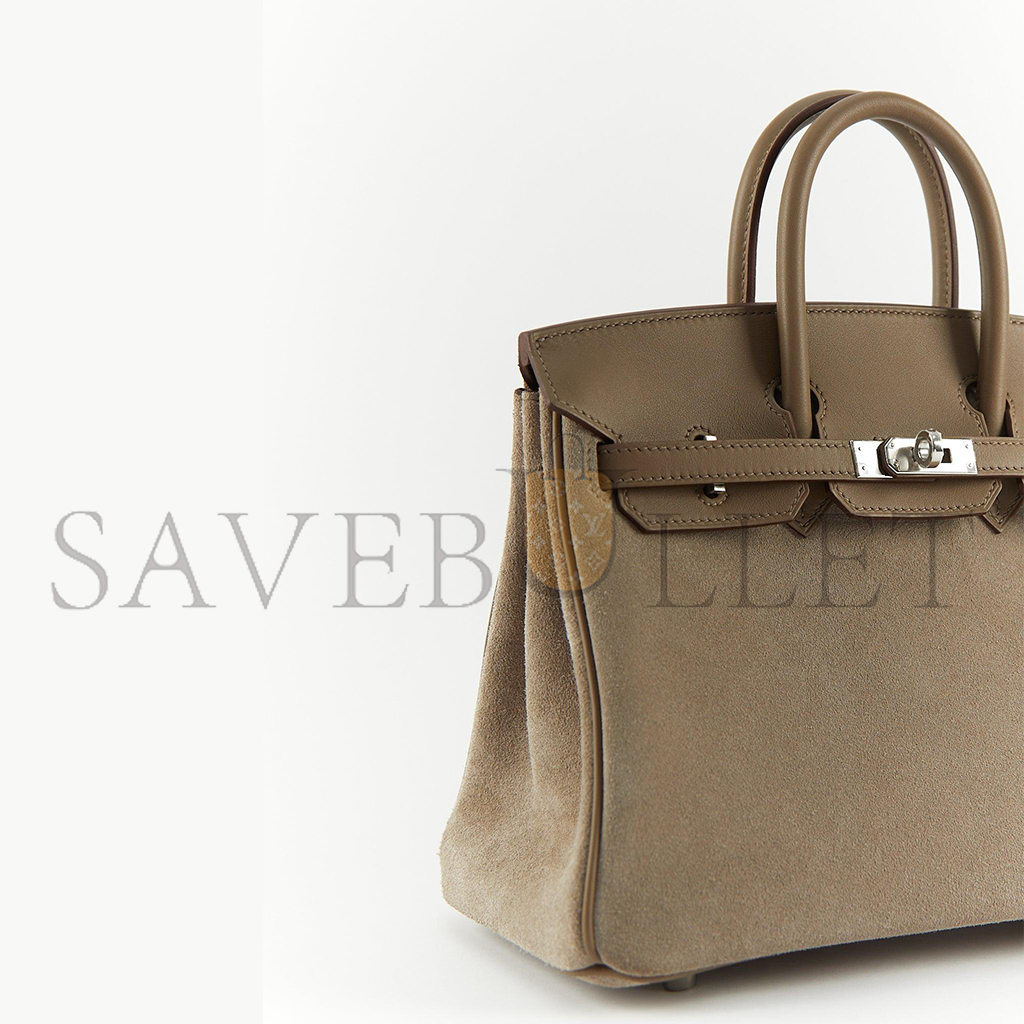 HERMES BIRKIN 25 GRIZZLY SUEDE GRIS CAILLOU SWIFT PALLADIUM TOP HANDLE TOTE BAG  (25*19*12cm)