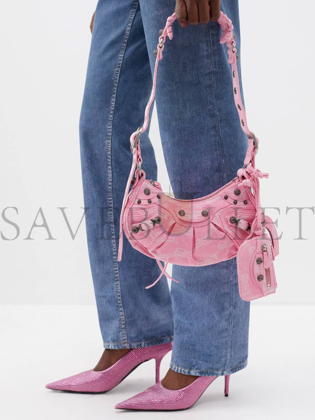 BALENCIAGA PINK LE CAGOLE XS LOGO-PRINT DENIM SHOULDER BAG MATCHESFASHION US (25.6*11.4*7.3cm)