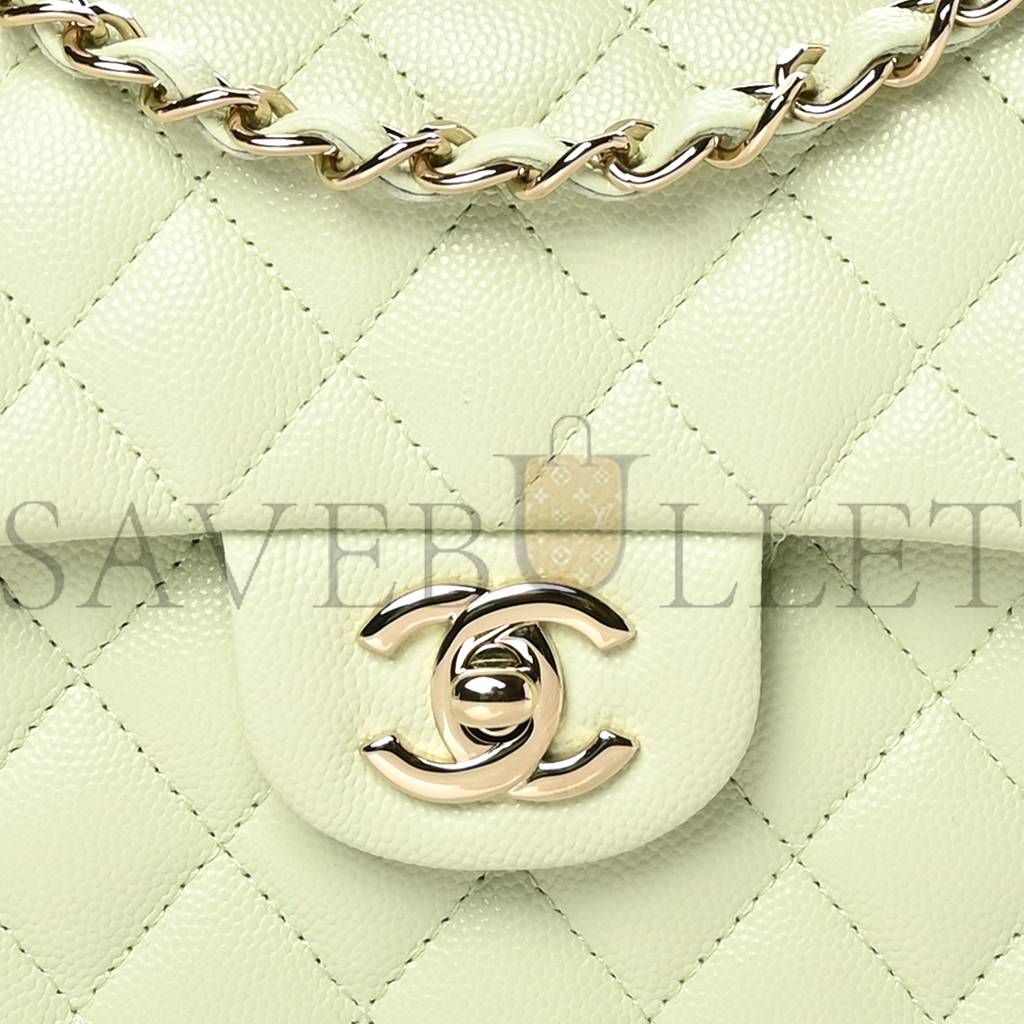 CHANEL CAVIAR QUILTED SMALL DOUBLE FLAP LIGHT GREEN ROSE GOLD HARDWARE (23*14*6cm)