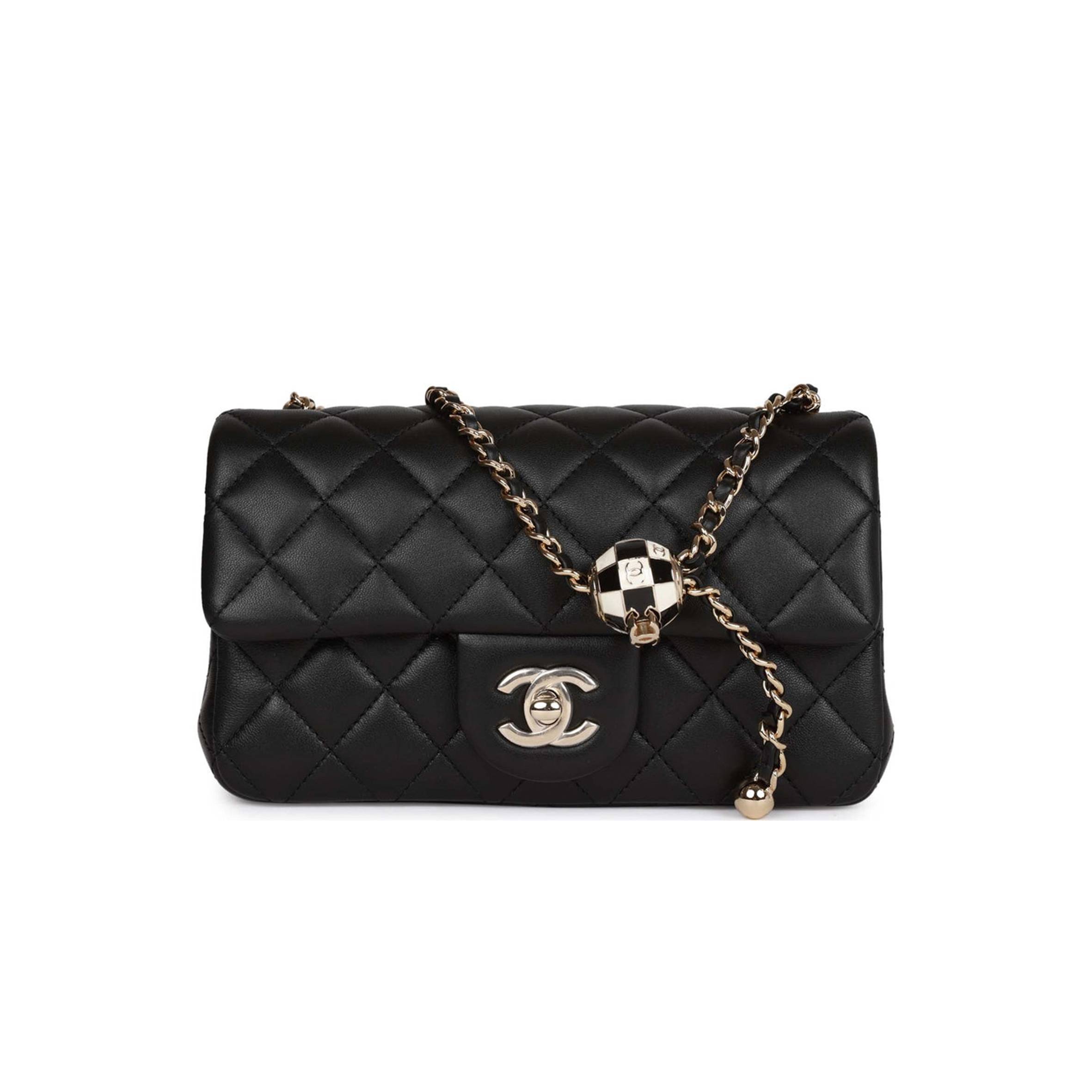 CHANEL PEARL CRUSH MINI RECTANGULAR FLAP BAG BLACK LAMBSKIN LIGHT GOLD HARDWARE (20*13*6cm)