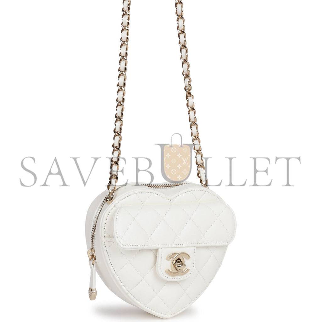 CHANEL CC IN LOVE HEART CLUTCH WITH CHAIN WHITE LAMBSKIN LIGHT GOLD HARDWARE (13*13*5cm)