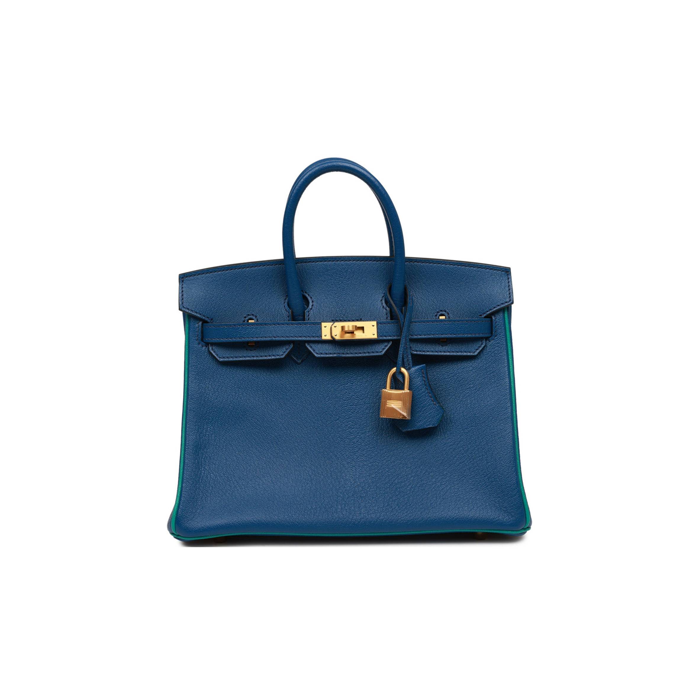 HERMES SPECIAL ORDER (HSS) BIRKIN 25 BLEU SAPHIR AND VERT VERTIGO CHEVRE BRUSHED GOLD HARDWARE HANDMADE (25.cm)