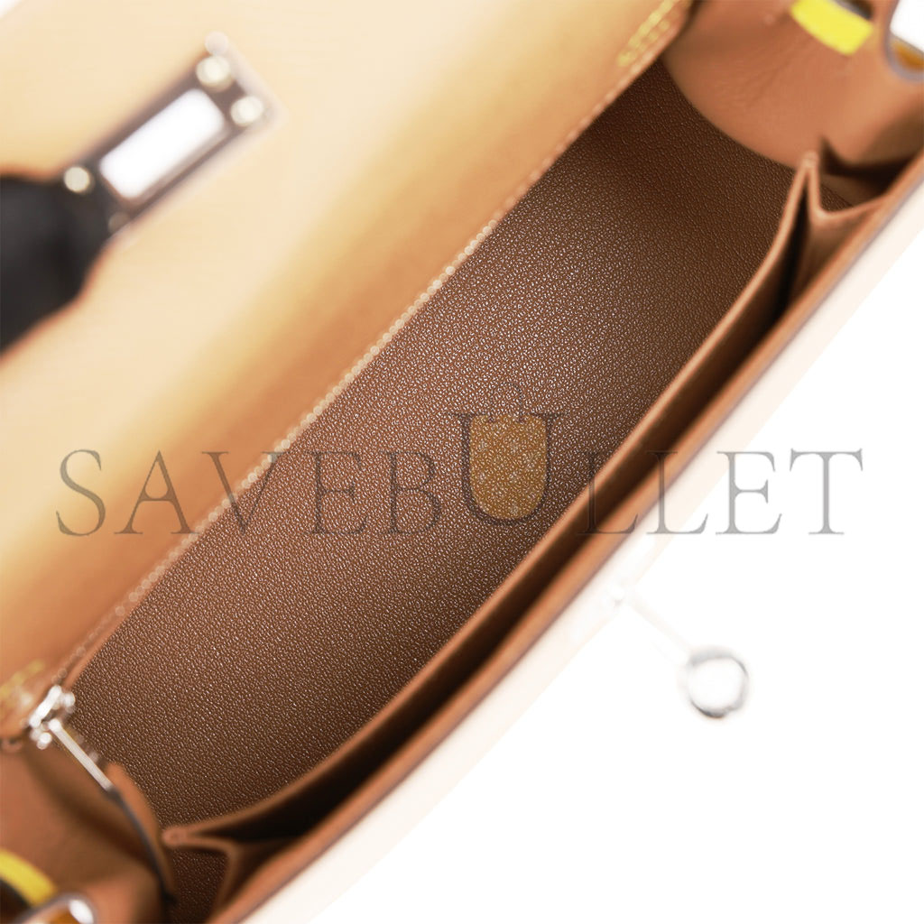 HERMES KELLY SELLIER 25 TRI-COLOR CHAI, LIME AND MAUVE SYLVESTRE EPSOM PALLADIUM HARDWARE(25*17*7cm)