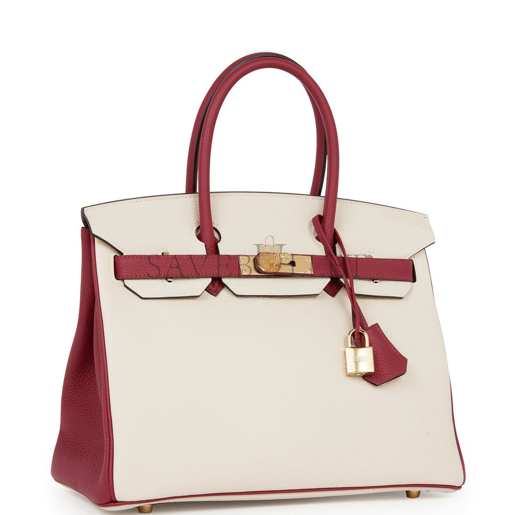 HERMES SPECIAL ORDER (HSS) BIRKIN 30 CRAIE AND ROUGE GRENAT TOGO PERMABRASS HARDWARE ( 30cm*22*16cm)