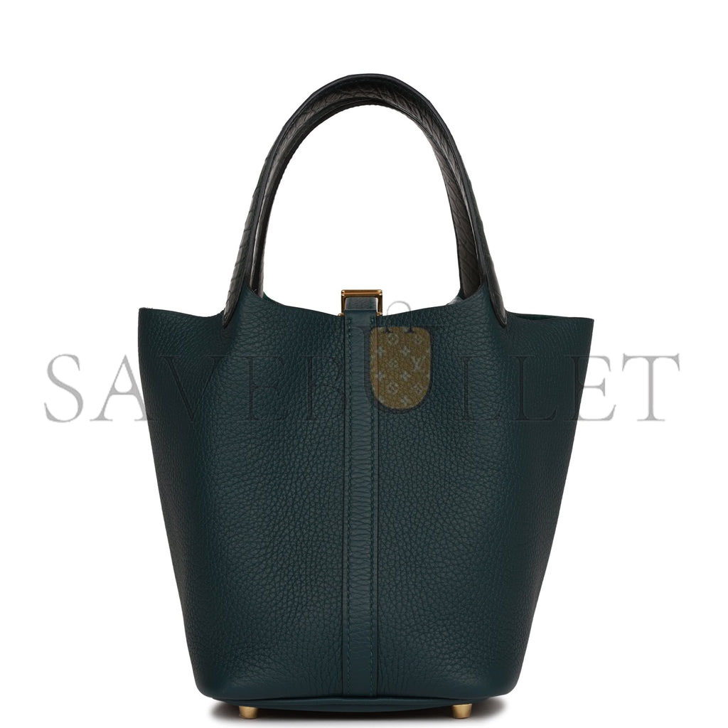 HERMES PICOTIN LOCK 18 VERT CYPRESS MATTE ALLIGATOR AND CLEMENCE TOUCH GOLD HARDWARE (18*13*18cm)