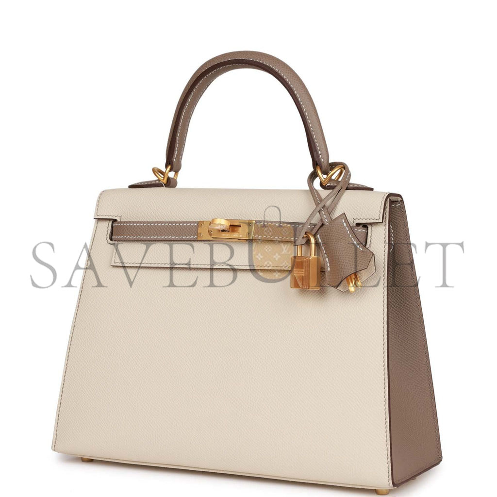 HERMES SPECIAL ORDER (HSS) KELLY SELLIER 25 CRAIE AND GRIS ASPHALTE EPSOM BRUSHED GOLD HARDWARE HANDMADE (25*17*7cm)