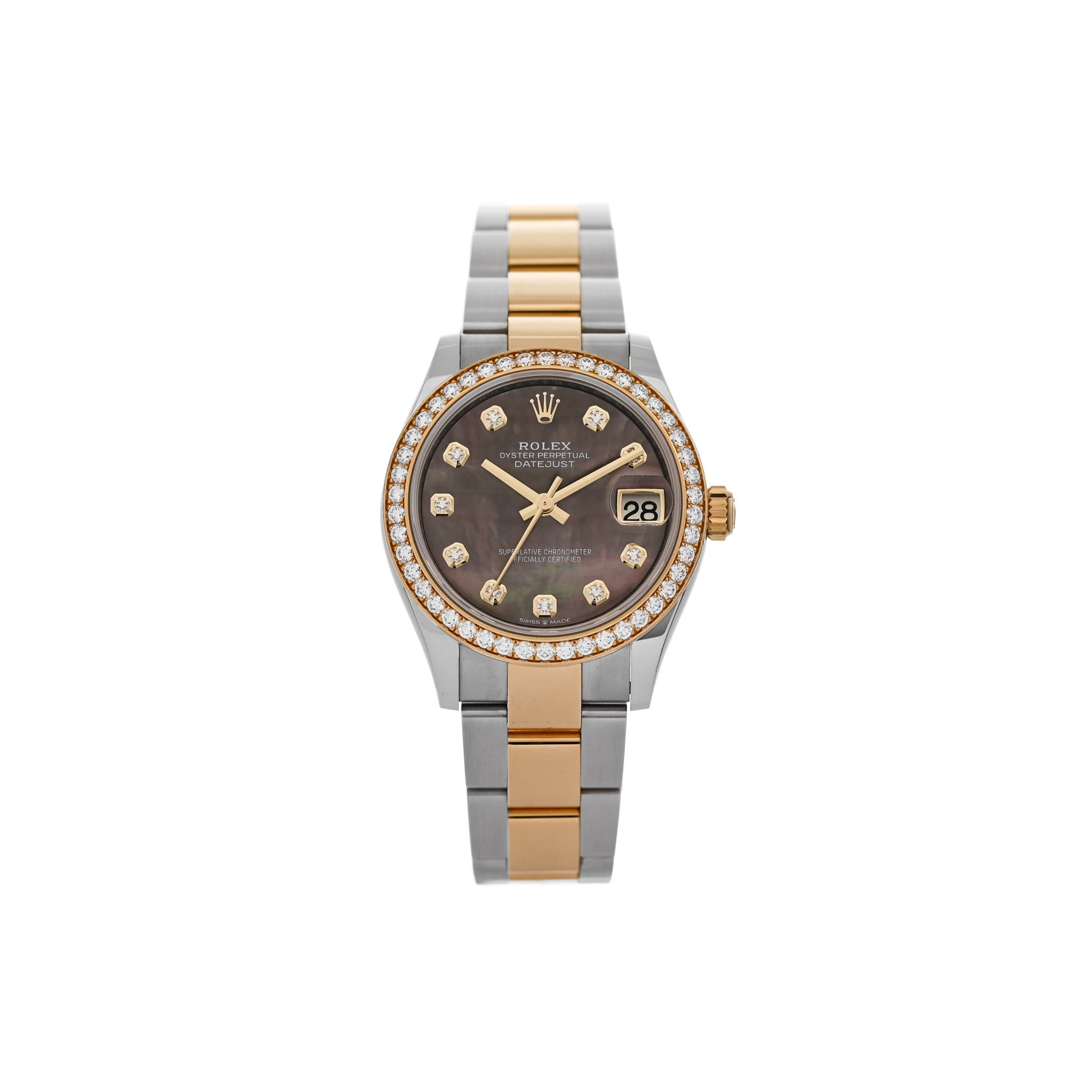 ROLEX STAINLESS STEEL 18K YELLOW GOLD DIAMOND BLACK MOTHER OF PEARL 31MM OYSTER PERPETUAL DATEJUST WATCH 278383RBR