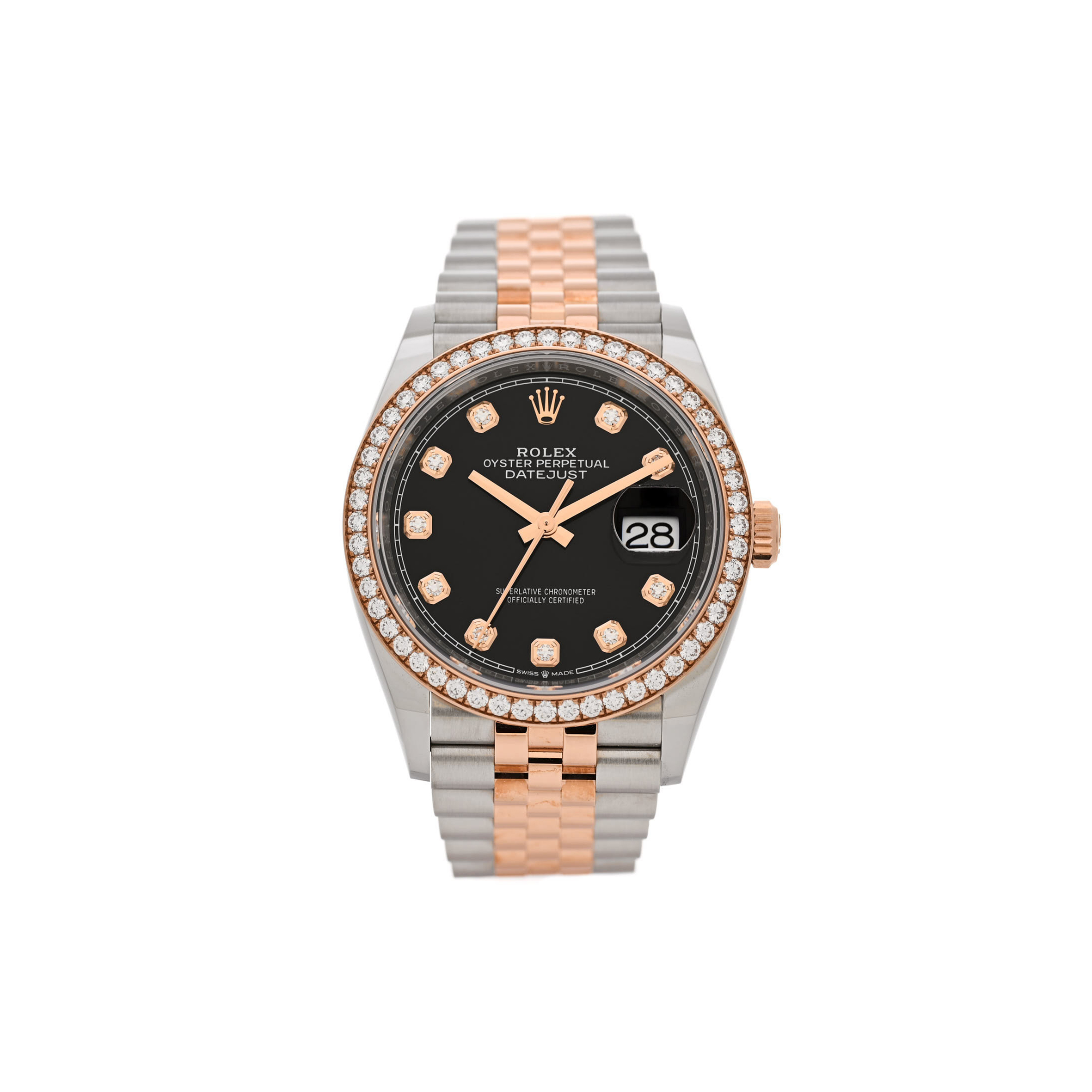 ROLEX STAINLESS STEEL 18K EVEROSE GOLD DIAMOND BEZEL 36MM OYSTER PERPETUAL DATEJUST WATCH BLACK 126281RBR