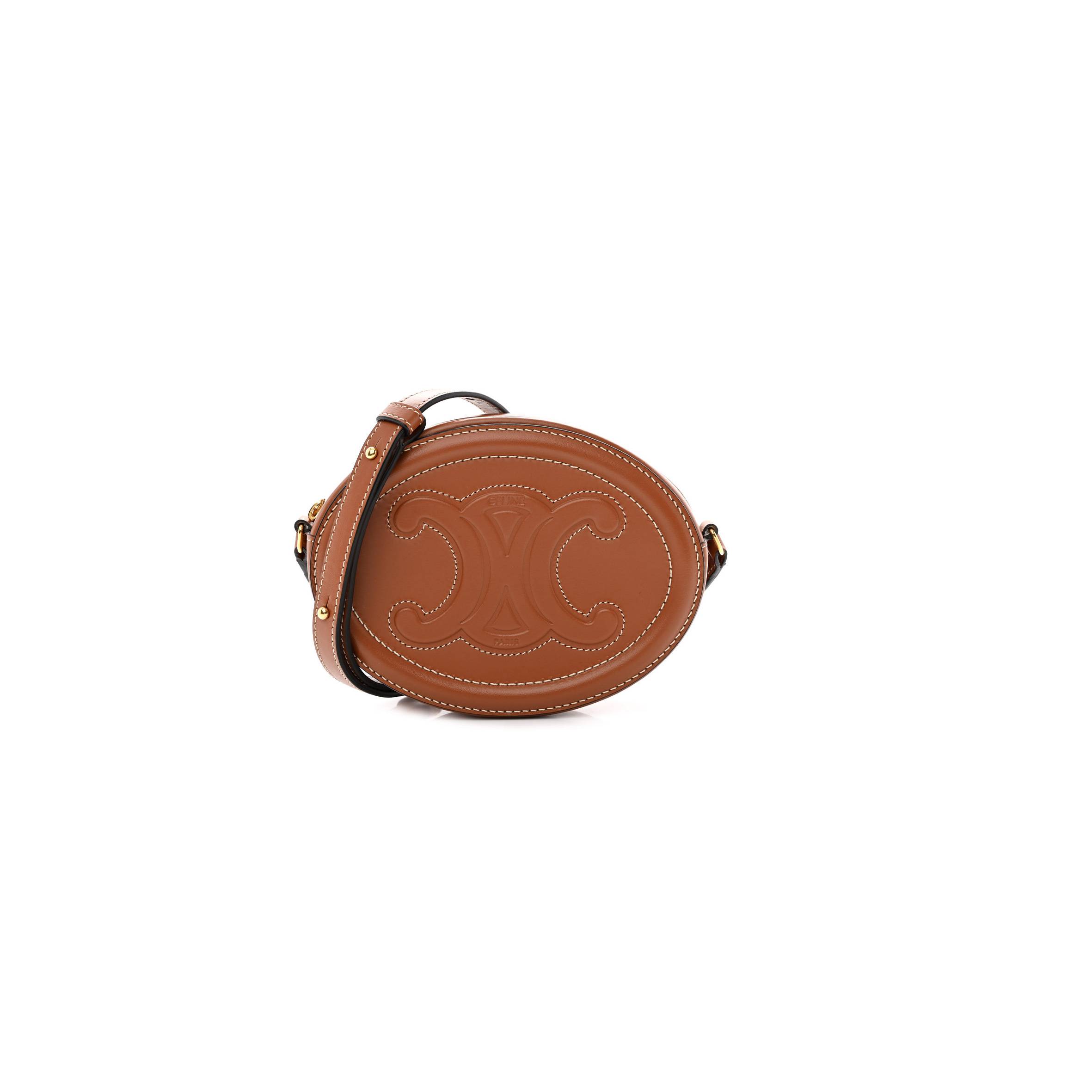 CELINE SMOOTH CALFSKIN CUIR TRIOMPHE OVAL CROSSBODY PURSE TAN (16*12*4cm)