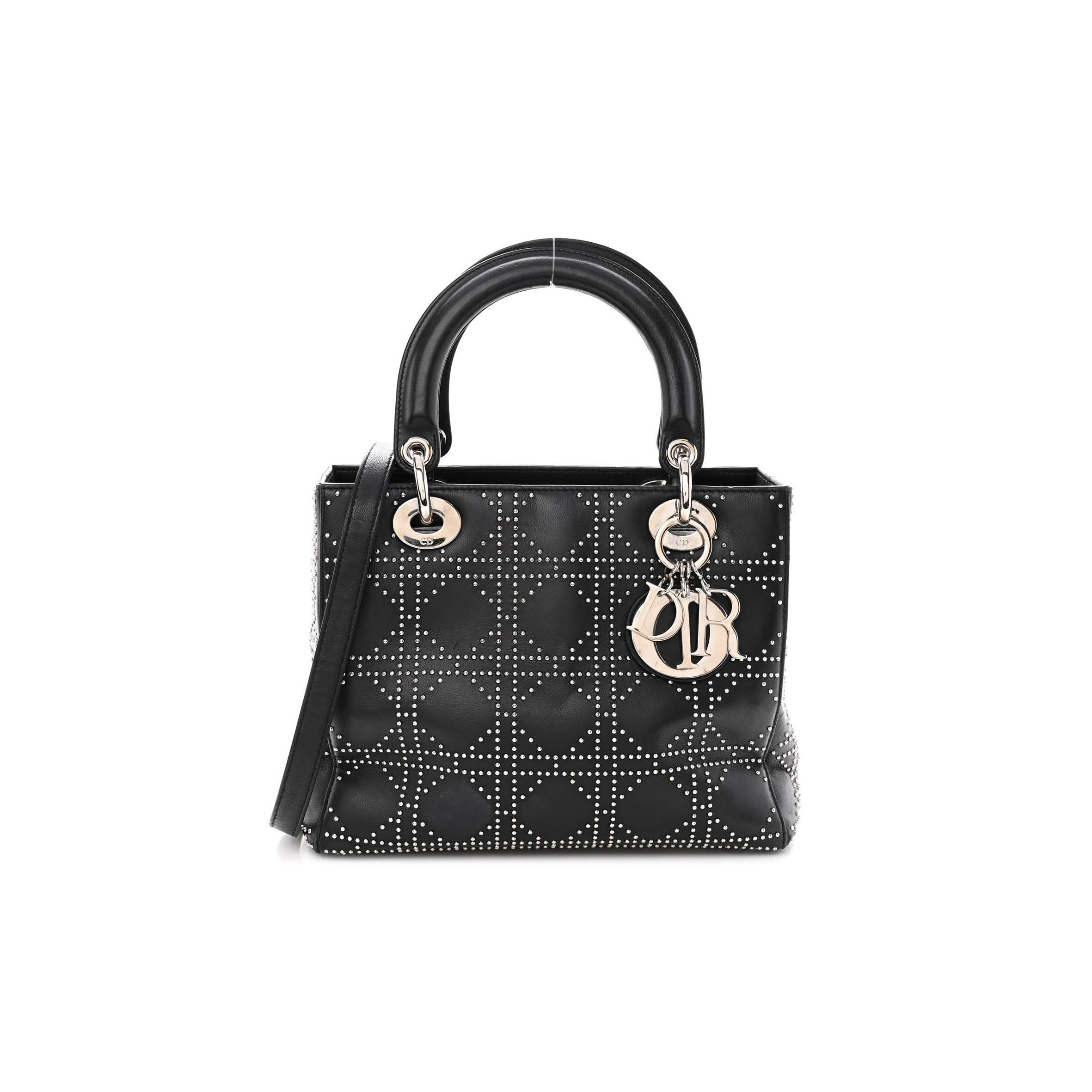 DIOR LAMBSKIN STUDDED CANNAGE MEDIUM LADY DIOR BLACK (23*20*12.7cm)