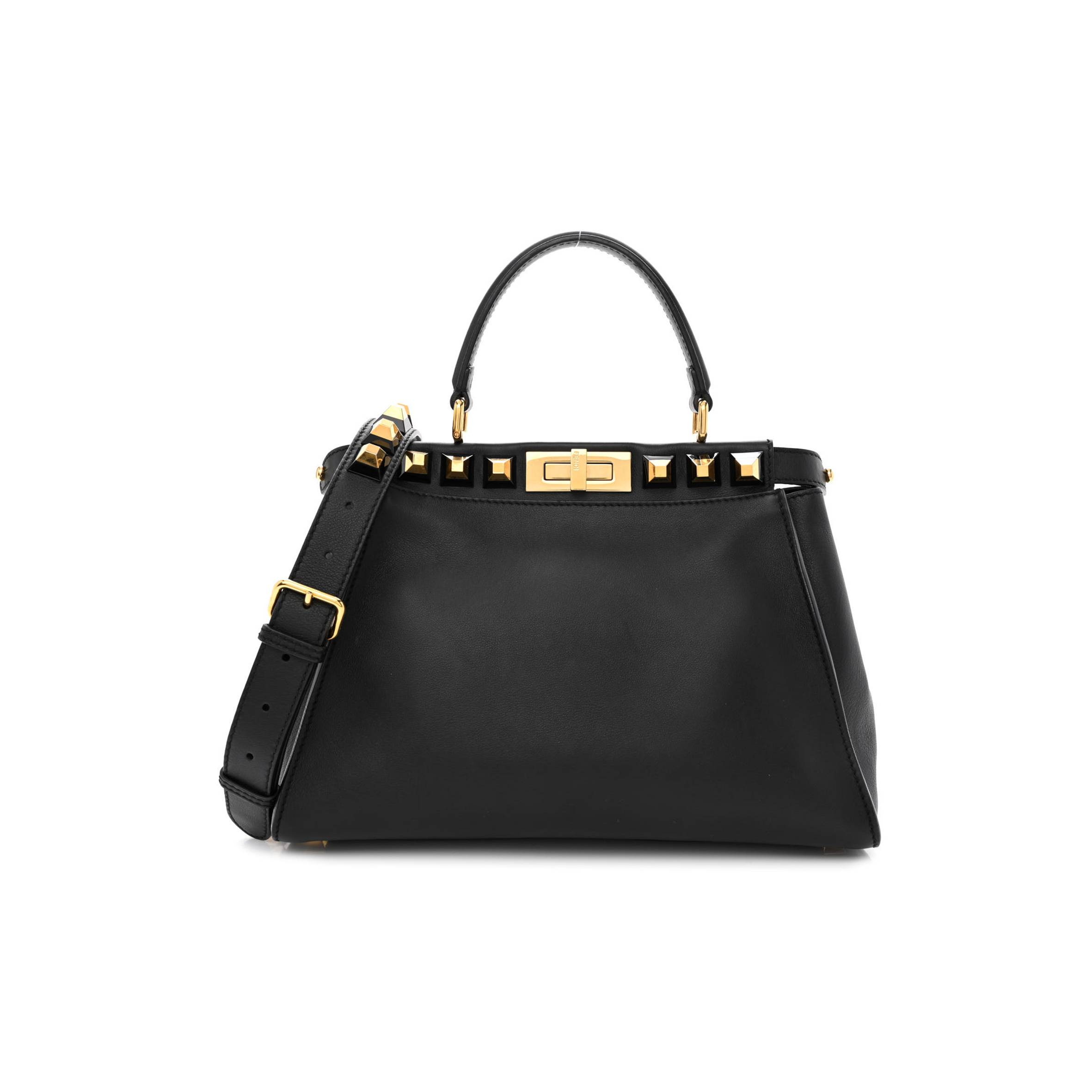 FENDI CALFSKIN STUDDED MEDIUM PEEKABOO ICONIC SATCHEL BLACK (34*24*12cm)